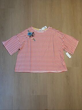 NWT Skylar & Jade Striped Boxy Tee with Floral Embroidery size 1X